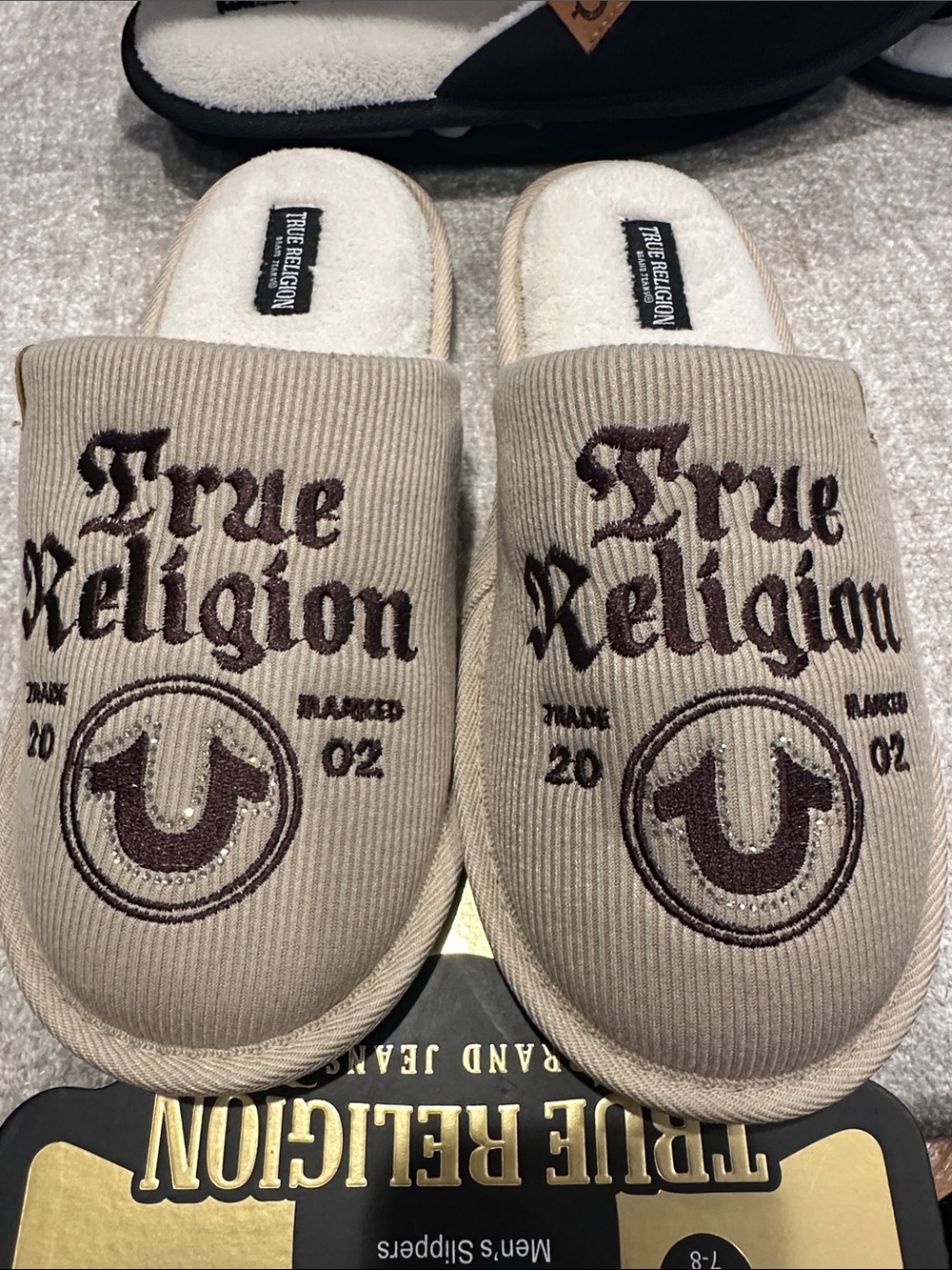 True Religion Beige Corduroy Logo Slip-On Slippers